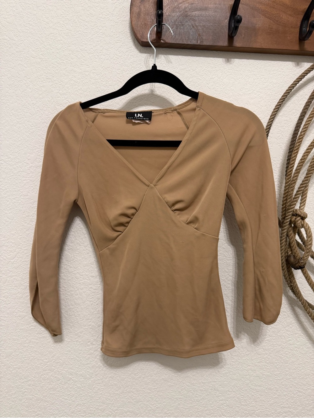 I.N. San Francisco Camel Wrap-Front Long Sleeve Top